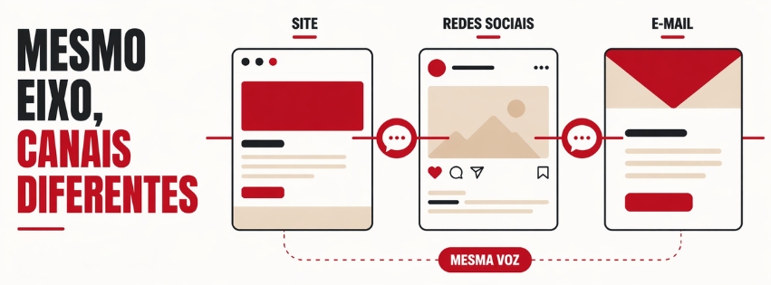 Muita marca acha que tem um problema de tom de voz quando, na verdade, tem um problema de critério. O site parece institucional demais, as redes soam soltas demais, o e-mail muda de humor a cada campanha. O resultado não é só estético. A comunicação começa a emitir sinais contraditórios. Essa confusão costuma nascer de um erro simples: tratar consistência como repetição. Não é. Uma voz de marca consistente não fala do mesmo jeito em todo lugar; ela preserva a mesma identidade enquanto ajusta o tom à situação, ao canal e ao momento da relação com o público. Essa distinção aparece com clareza em guias editoriais e pesquisas de UX writing: a voz permanece, o tom varia conforme contexto, intenção e sensibilidade do assunto. O que é tom de voz consistente Tom de voz consistente é a capacidade de uma marca soar reconhecível sem soar mecânica. É quando o leitor percebe uma linha comum entre a página do site, um post social, um e-mail de boas-vindas e uma resposta de suporte, mesmo que cada peça tenha intensidade, formalidade e ritmo diferentes. Em termos práticos, isso envolve valores, vocabulário, forma de tratamento e escolhas linguísticas que se repetem com coerência ao longo dos pontos de contato. A consistência, portanto, não mora em frases decoradas. Mora em padrões. Uma marca pode ser clara, direta e respeitosa no site; próxima e ágil nas redes; empática e objetiva no e-mail. O que não pode é parecer três empresas diferentes. Guias de estilo bem construídos existem justamente para sustentar esse alinhamento entre equipes e canais. Tom de voz x voz de marca x estilo editorial Antes do checklist, vale limpar três confusões recorrentes. Voz de marca é a identidade verbal mais estável. É a personalidade que atravessa a comunicação: mais sóbria ou mais energética, mais técnica ou mais acessível, mais provocadora ou mais acolhedora. Mailchimp, por exemplo, resume sua própria voz como algo contínuo; o tom é que muda conforme a situação. Tom de voz da marca é a modulação dessa identidade em cada contexto. Uma mensagem de erro, um post comemorativo e um e-mail de cobrança não pedem a mesma temperatura emocional. A Nielsen Norman Group mostra que o tom pode ser observado em dimensões como humor, formalidade, respeito e entusiasmo, e que pequenas variações nessas dimensões alteram a forma como a marca é percebida. Estilo editorial é o sistema que organiza essa execução. Entra aí o uso de contrações ou não, tamanho de frase, escolhas de pontuação, palavras aprovadas, termos proibidos, exemplos de abertura, chamadas, CTA e orientação por canal. Sem esse nível de documentação, o “tom” vira opinião pessoal de quem está escrevendo no dia. Checklist de tom de voz: o que definir antes de escrever Um bom checklist de tom de voz não serve para inspirar. Serve para reduzir ambiguidade. 1. Defina de 3 a 5 traços centrais da voz Escolha poucos atributos, mas torne-os operacionais. “Humano”, por exemplo, é vago demais. “Humano = direto, sem jargão desnecessário, sem superioridade, com exemplos concretos” já começa a virar critério. O mesmo vale para “especialista”, “leve”, “provocador”, “didático”, “premium”. O atributo sozinho não basta; é preciso explicar como ele aparece no texto. Essa lógica está presente em guias públicos de marca e estilo: o valor só funciona quando vira comportamento de escrita. 2. Separe o que é permanente do que é variável Pergunte: o que não muda nunca na nossa voz? E o que pode variar conforme contexto? Exemplo simples: não muda: clareza, respeito, objetividade; varia: grau de entusiasmo, nível de informalidade, densidade da explicação. Essa separação evita dois extremos ruins: a marca engessada e a marca inconsistente. A própria distinção entre voz estável e tom adaptável aparece de modo recorrente em guias de referência. 3. Traduza a voz em escolhas concretas de linguagem Toda voz precisa responder a perguntas visíveis no texto: usamos “você” ou uma formulação mais impessoal? preferimos frases curtas ou mais elaboradas? aceitamos humor? usamos metáforas? explicamos termos técnicos ou partimos do pressuposto de que o leitor já sabe? soamos mais conselheiros, professores, parceiros ou especialistas? Sem esse detalhamento, “guia de tom de voz” vira apresentação bonita e ferramenta ruim. Um guia útil organiza exemplos reais, inclusive do que fazer e do que evitar. 4. Crie limites, não só preferências Muitas equipes documentam o “tom ideal”, mas não documentam seus excessos. Esse é um erro. Tão importante quanto dizer “queremos soar próximos” é dizer “não queremos soar íntimos demais”, “não queremos usar gíria para parecer jovens”, “não queremos brincar em contextos delicados”. Pesquisas da Nielsen Norman Group mostram que um tom mais casual ou divertido pode aumentar percepção de simpatia em alguns contextos, mas também pode reduzir confiança em categorias mais sensíveis. 5. Mapeie a jornada e ajuste o tom por momento Um tom de voz consistente considera o estágio da conversa. Quem acabou de descobrir sua marca precisa de clareza e contexto. Quem já comprou precisa de segurança e continuidade. Quem está com problema precisa de empatia e resolução, não de “personalidade”. O tom muda porque a necessidade muda. 6. Documente por canal: site, redes e e-mail Consistência entre canais não significa uniformidade cega. O site costuma pedir mais estrutura e previsibilidade; as redes sociais exigem concisão, timing e leitura rápida; o e-mail trabalha intimidade, sequência e contexto acumulado. A orientação precisa considerar o papel de cada canal dentro da experiência da marca. Guias de estilo robustos costumam separar instruções por formato e ponto de contato justamente para manter coerência sem apagar as diferenças de uso. 7. Inclua exemplos aprovados Uma regra sem exemplo depende demais de interpretação. Para cada traço da voz, registre: um exemplo “bom”; um exemplo “ruim”; uma versão adaptada para site; uma versão adaptada para redes; uma versão adaptada para e-mail. É isso que transforma abstração em padrão replicável. 8. Revise o que já existe antes de publicar o novo Não adianta criar um guia de tom de voz e manter no ar um ecossistema verbal contraditório. Vale auditar homepage, páginas institucionais, automações de e-mail, legendas, respostas-padrão e materiais comerciais. O objetivo é encontrar fricções: excesso de formalismo num canal, excesso de improviso em outro, promessas grandiosas demais, linguagem técnica demais, informalidade fabricada demais. Esse tipo de revisão é parte da consistência entre touchpoints. 9. Treine a equipe e atualize o guia Um checklist de tom de voz não é arquivo morto. Ele precisa circular, entrar em onboarding, orientar briefing, revisão e aprovação. Também precisa ser revisto quando a marca amadurece, muda de público, amplia portfólio ou percebe que certas escolhas não estão funcionando. A consistência real depende menos de um documento e mais de um sistema de uso. Como aplicar o checklist no site, nas redes e no e-mail No site: clareza antes de carisma O site é onde a voz costuma ser mais testada, porque ali a marca precisa explicar, orientar e convencer sem o apoio de contexto acumulado. Se o visitante não entende o que você faz, não adianta parecer interessante. Por isso, a primeira regra do site é: a personalidade não pode competir com a compreensão. Em páginas de serviço, produto, FAQ e suporte, a marca deve soar reconhecível, mas nunca mais esperta do que útil. Pesquisas sobre UX writing e percepção de marca reforçam que tom afeta confiança e desejabilidade, então exagero estilístico pode custar credibilidade. Na prática, isso significa revisar títulos, subtítulos, botões, mensagens de erro e blocos explicativos. O mesmo traço verbal precisa atravessar tudo. Não faz sentido ter uma homepage minimalista e segura, um formulário com microcopy burocrática e uma página “sobre” tentando compensar tudo com humor. Nas redes sociais: agilidade sem personagem Rede social é o lugar em que mais marcas confundem tom com performance. Querem parecer espontâneas, mas soam ensaiadas. Querem parecer próximas, mas escorregam para a caricatura. Uma voz de marca consistente nas redes não imita o jeito da internet; ela adapta sua identidade ao ritmo da internet. Isso pode significar frases mais curtas, mais timing, mais comentário contextual. Não significa abandonar critérios. Um bom teste é simples: se você apagar o logotipo, o texto ainda parece seu? Se a resposta for não, talvez a marca esteja terceirizando sua personalidade para o formato. No e-mail: contexto, cadência e sensibilidade O e-mail exige uma calibragem mais fina porque trabalha sequência. Quem lê um e-mail de boas-vindas, um lembrete de carrinho, uma confirmação de compra e uma mensagem de cobrança percebe rapidamente quando a marca perde a mão. Aqui, a consistência depende muito da capacidade de modular o tom sem trair a voz. Mensagens transacionais pedem objetividade; onboarding pede acolhimento; reengajamento pede inteligência contextual; problemas pedem respeito e precisão. Em outras palavras: o e-mail não precisa “soar bonito”. Precisa soar apropriado. Como a consistência de voz impacta a marca Tom de voz não é detalhe cosmético. A forma como a marca escreve influencia como ela é percebida. Em estudo da Nielsen Norman Group, mudanças de tom em conteúdos quase idênticos alteraram impressões de simpatia, confiança e desejabilidade da marca. Em alguns casos, um tom mais amigável ajudou; em outros, reduziu confiança por parecer informal demais para o contexto. Isso muda a conversa sobre branding verbal. O problema não é “ter personalidade” ou “não ter personalidade”. O problema é acertar a personalidade certa, no grau certo, no contexto certo. Uma voz de marca consistente organiza essa decisão e evita que cada canal passe a funcionar como um universo paralelo. Guias públicos de conteúdo e estilo mostram a mesma lógica: consistência é uma disciplina de operação, não um toque final de redação. Erros comuns ao montar um guia de tom de voz O primeiro erro é confundir tom com adjetivo solto. “Queremos soar humanos” não ajuda ninguém a escrever melhor. O segundo é ignorar contexto. Nem toda marca pode ser irônica. Nem todo mercado tolera leveza no mesmo grau. Nem toda mensagem merece entusiasmo. Em contextos de alta sensibilidade, o tom errado compromete a confiança. O terceiro é criar um documento bonito e inútil. Um guia de tom de voz só funciona quando inclui exemplos, exceções, limites, orientações por canal e critérios de revisão. Caso contrário, ele vira peça de branding interno, não ferramenta editorial. O quarto é achar que consistência significa rigidez. Marca coerente não é marca monocórdica. A melhor comunicação preserva identidade e adapta temperatura. Conclusão Criar uma voz de marca consistente é menos sobre “encontrar palavras certas” e mais sobre construir um padrão reconhecível de decisão. Quando esse padrão existe, o site para de parecer uma área institucional isolada, as redes deixam de improvisar personalidade e o e-mail passa a conversar com o resto da marca. No fim, um bom checklist de tom de voz não serve para deixar tudo igual. Serve para impedir que cada canal invente a sua própria marca.